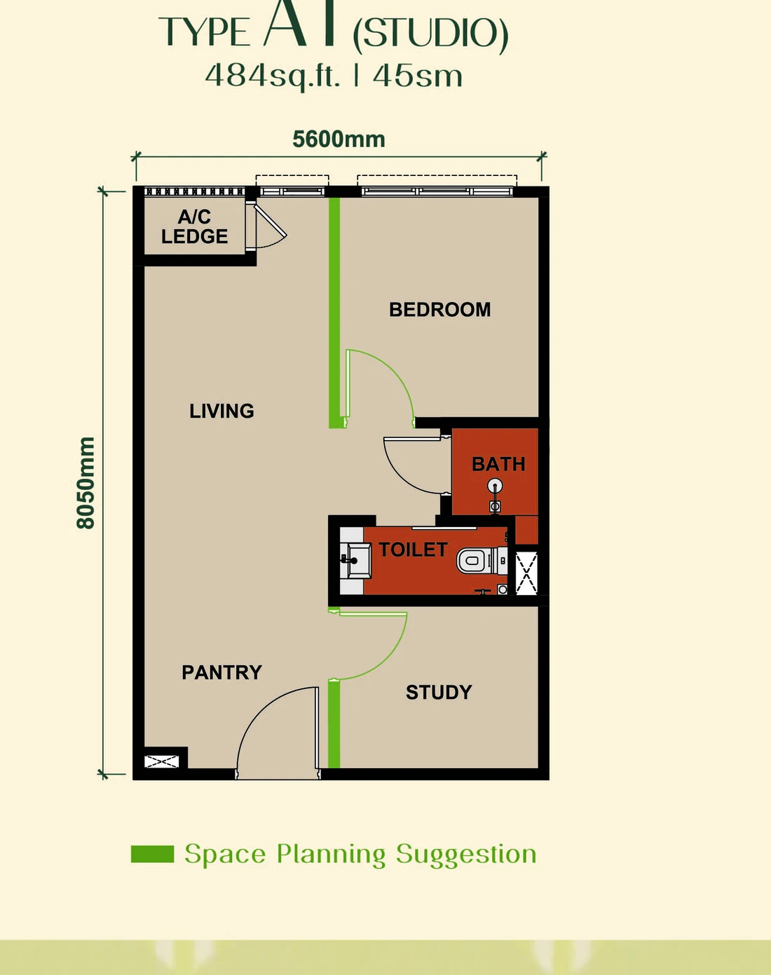 Keeperz Suites Type A1 studio floor plan 484 sqft