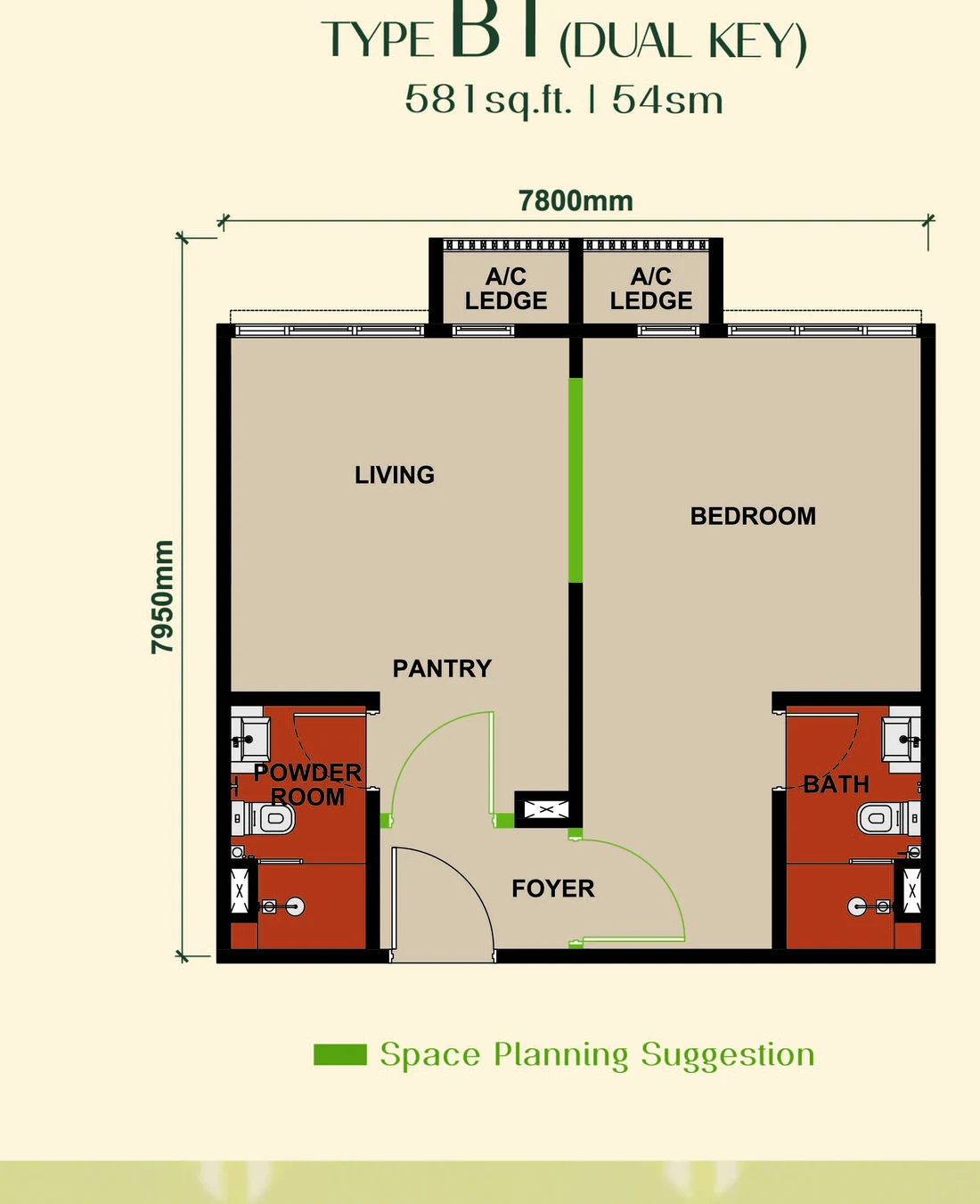 Keeperz Suites Type B1 dual-key floor plan 581 sqft